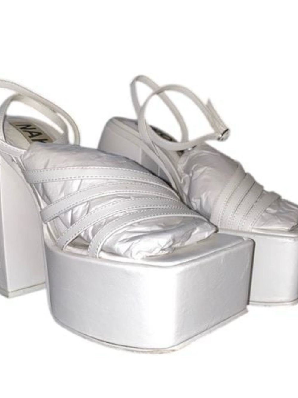 NAKED WOLFE White Leather Ultra Platform Strappy Block Heel Logo Back Sandals